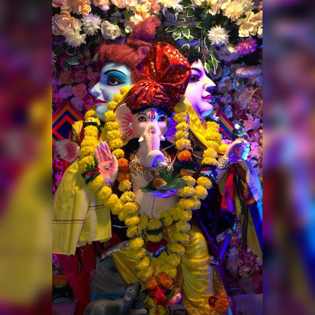 Ganpati Bappa murti from last year's celebration, decorated with marigold garlands